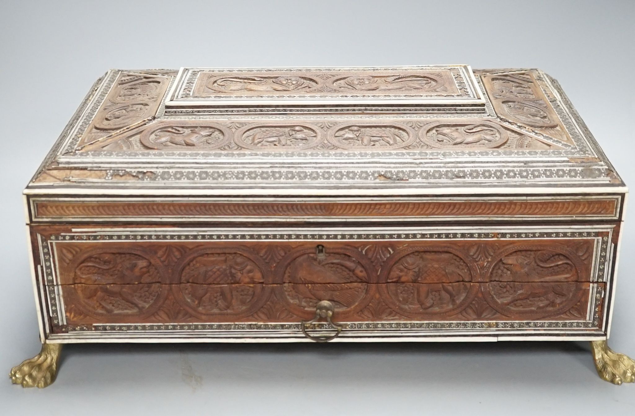 A 19th century Southern Indian sadeli-work sandalwood sewing box, 44cms wide x 30 deep.